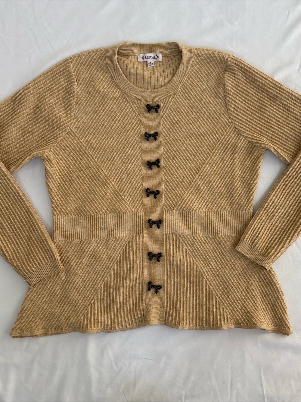 Nanette Lepore Tan Ribbed Knit Cardigan with Black Bow Buttons